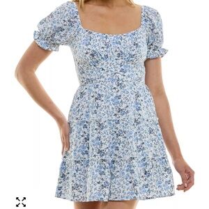 TRIXXI Women's Dress Blue White Floral Mini Puff Sleeve Cottagecore Size small